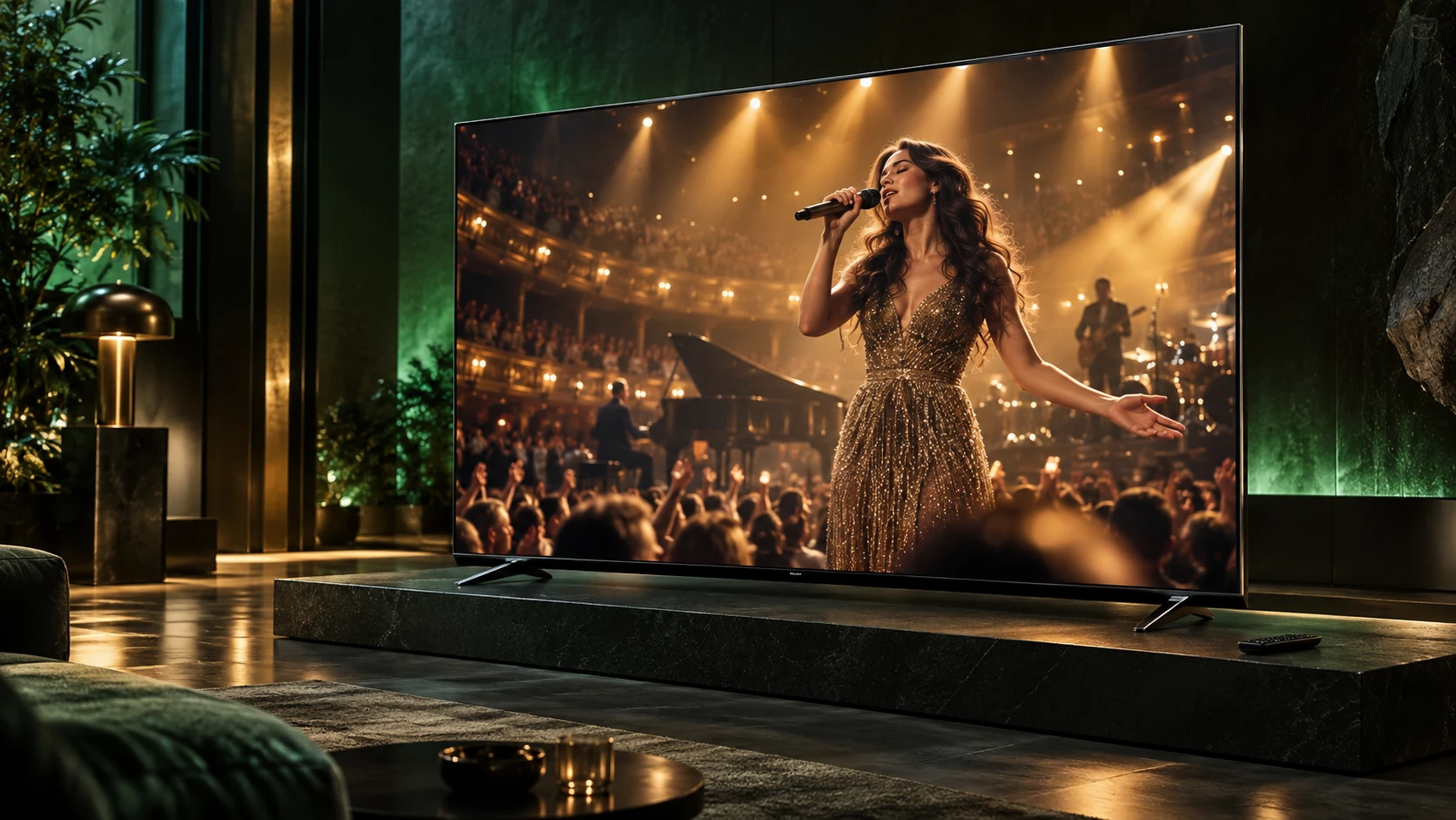 Smart TV într-un interior verde smarald, cu un concert fictiv pe ecran; imagine ilustrativă